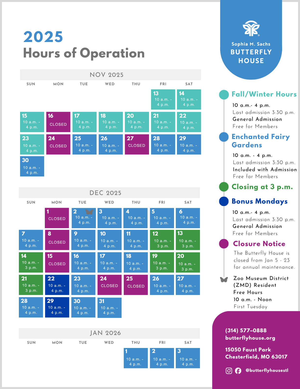 Butterfly House Operating Hours Calendar